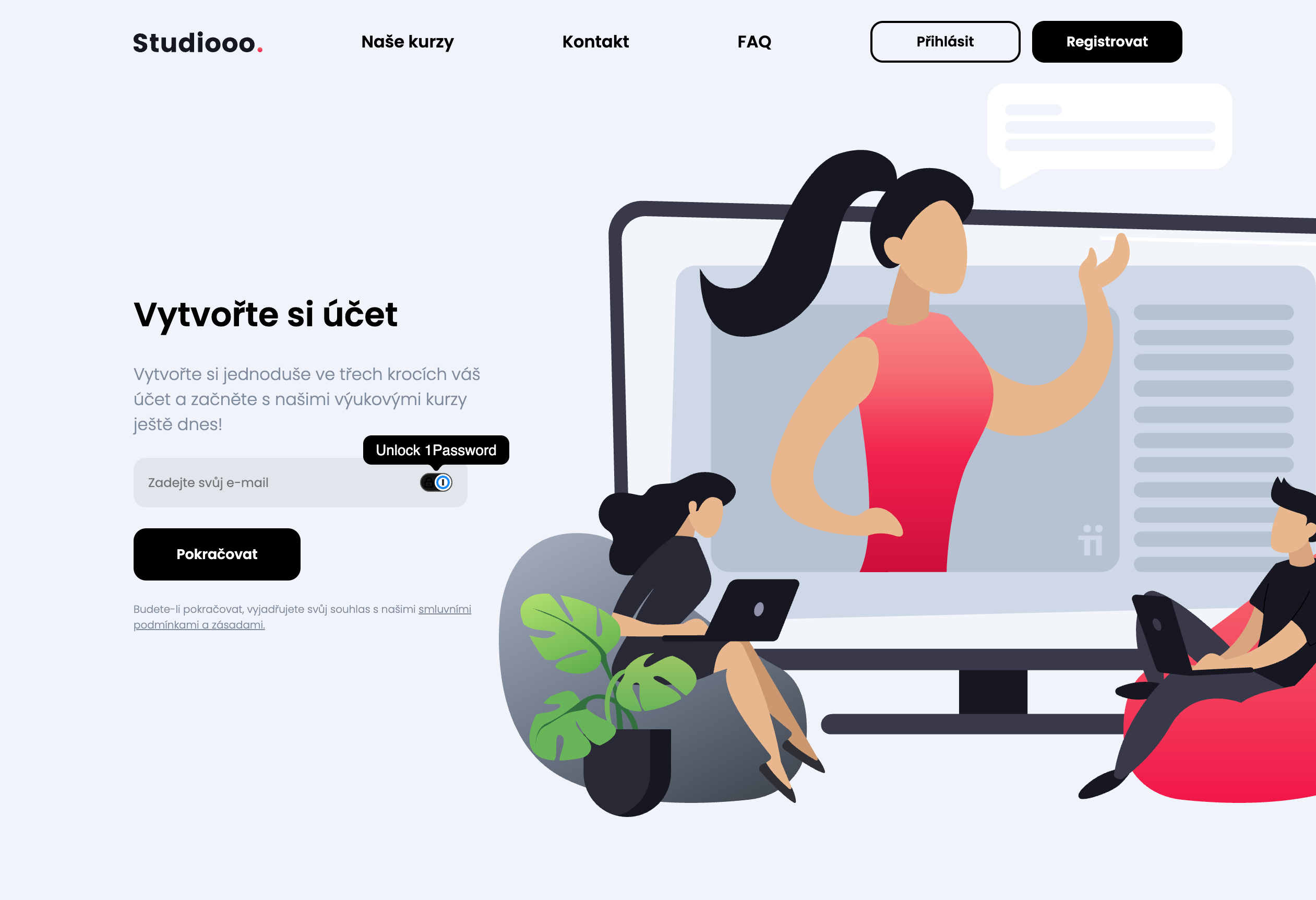 Studiooo — registrace (desktop)